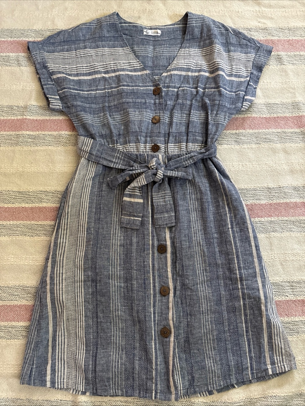 Carve Designs Willow Dress Linen Blend Striped Blue & White Size XSmall